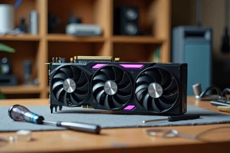 Carte graphique haut de gamme avec triple ventilateur posée sur un établi de bricolage, entourée d'outils informatiques