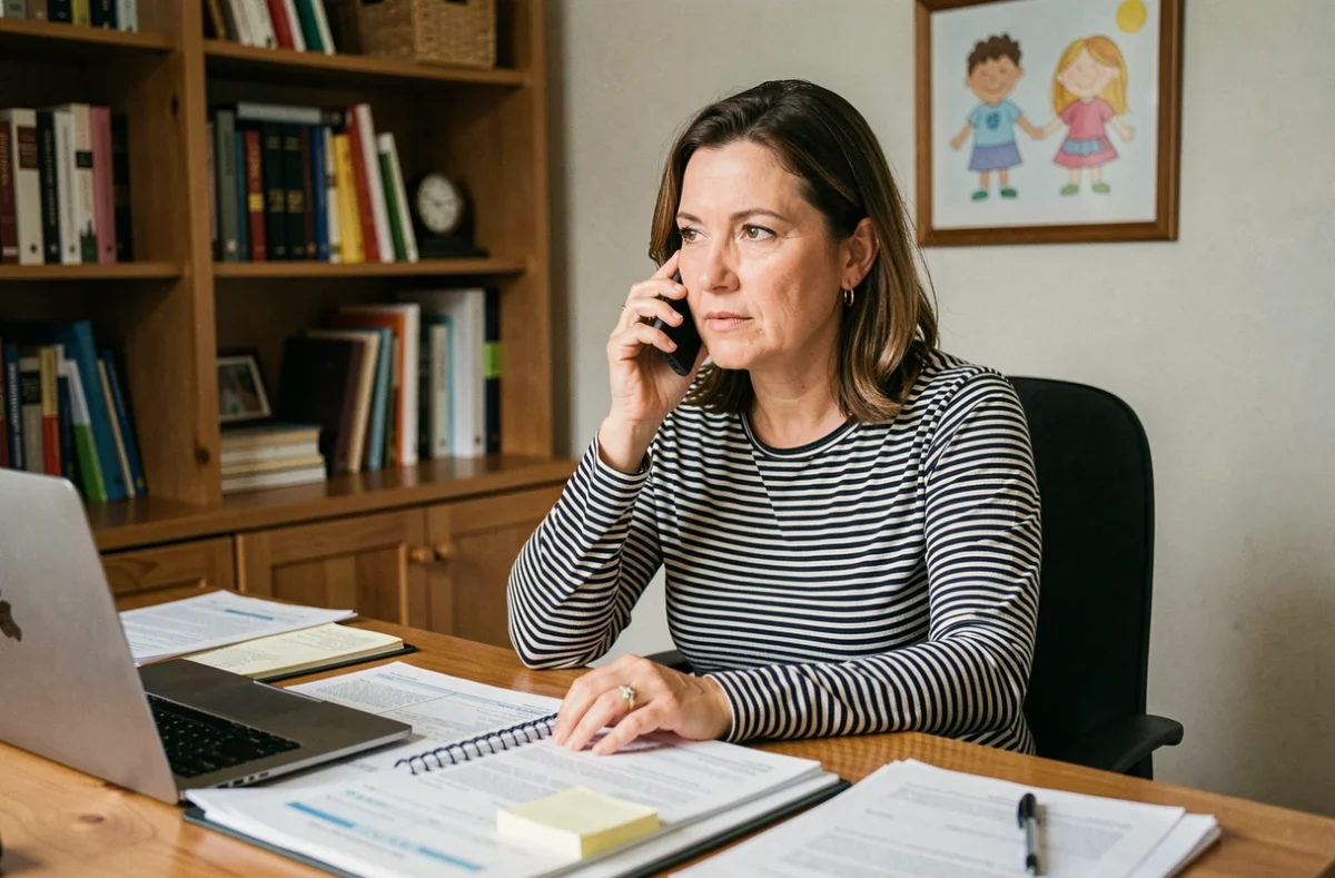 Mère séparée en communication téléphonique avec un enseignant depuis son bureau à domicile entouré de bulletins scolaires