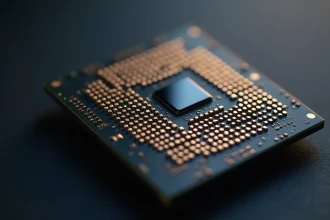 Gros plan macro ultra-détaillé d'un microprocesseur moderne aux circuits dorés sur fond noir mat