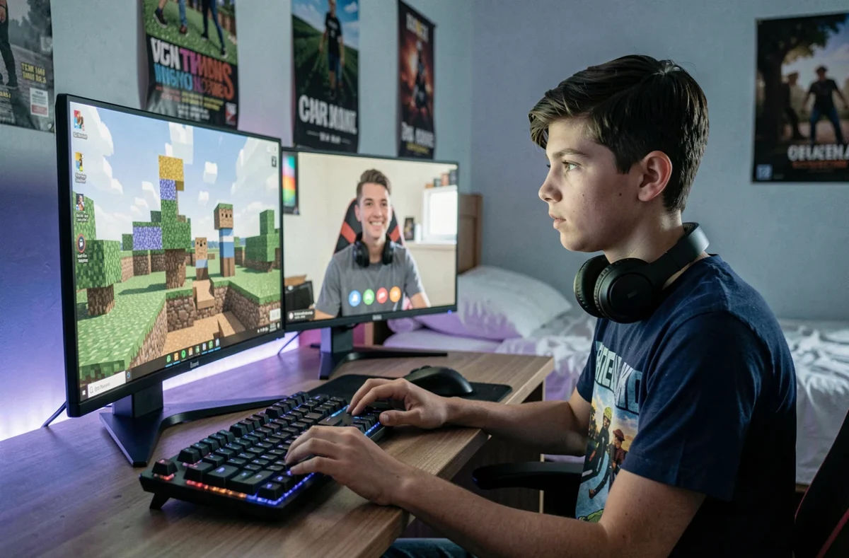 Adolescent jouant à Minecraft en ligne avec un ami via un appel vidéo sur son bureau gaming dans sa chambre