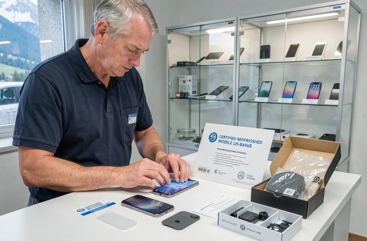 Technicien Mobile Clinic Évian inspectant un smartphone reconditionné avec étiquette de certification sur l'établi