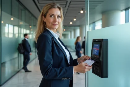 Femme en blazer marine utilisant un badge d'accès électronique devant une porte sécurisée dans un immeuble de bureaux moderne