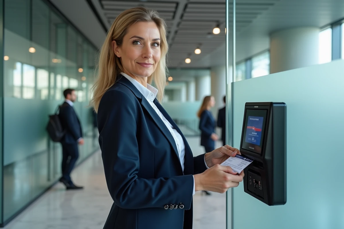 Femme en blazer marine utilisant un badge d'accès électronique devant une porte sécurisée dans un immeuble de bureaux moderne