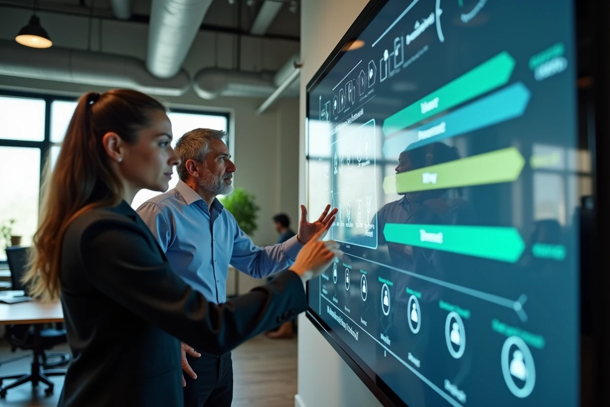 Équipe de professionnels analysant un schéma de contrôle d'accès basé sur les rôles sur un écran interactif en entreprise