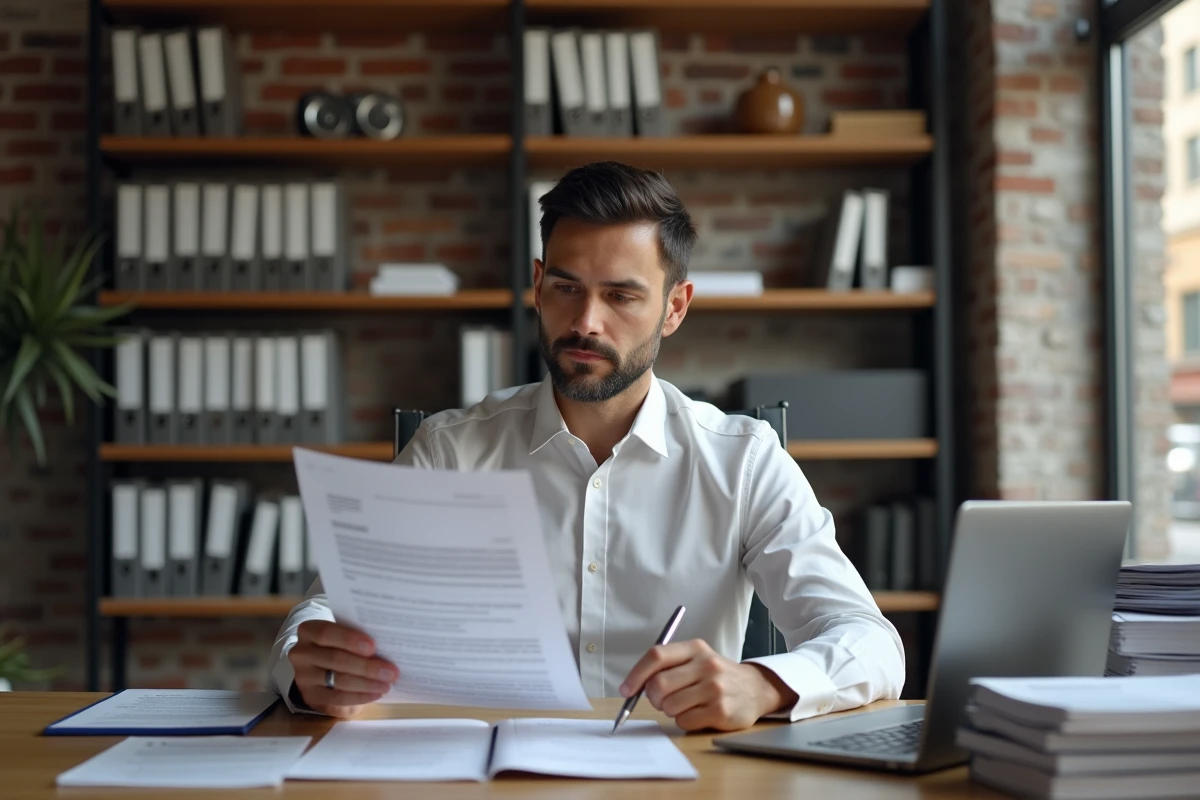 Homme d'affaires examinant des documents d'autorisation imprimés sur un bureau en bois dans un bureau professionnel