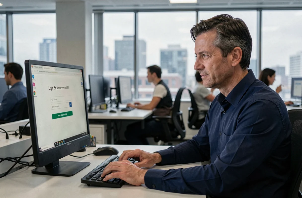 Homme en entreprise face à un écran d'ordinateur avec une page de connexion webmail et lien mot de passe oublié