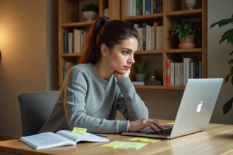 Femme travaillant sur des mots-clés à longue traîne sur un ordinateur portable dans un bureau à domicile avec des notes manuscrites