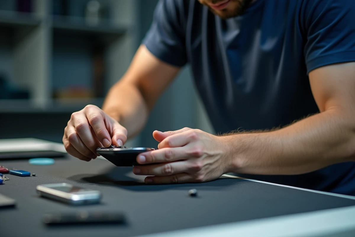 Mains d'un technicien démontant un Nokia 8800 avec un outil de précision sur un bureau de réparation électronique
