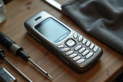Nokia 8800 posé sur un établi en bois avec des outils de précision pour une remise à neuf