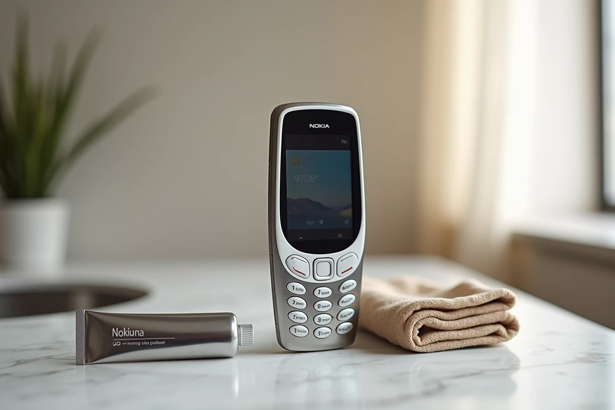 Nokia 8800 restauré et poli posé sur une surface en marbre avec des produits d'entretien pour métal