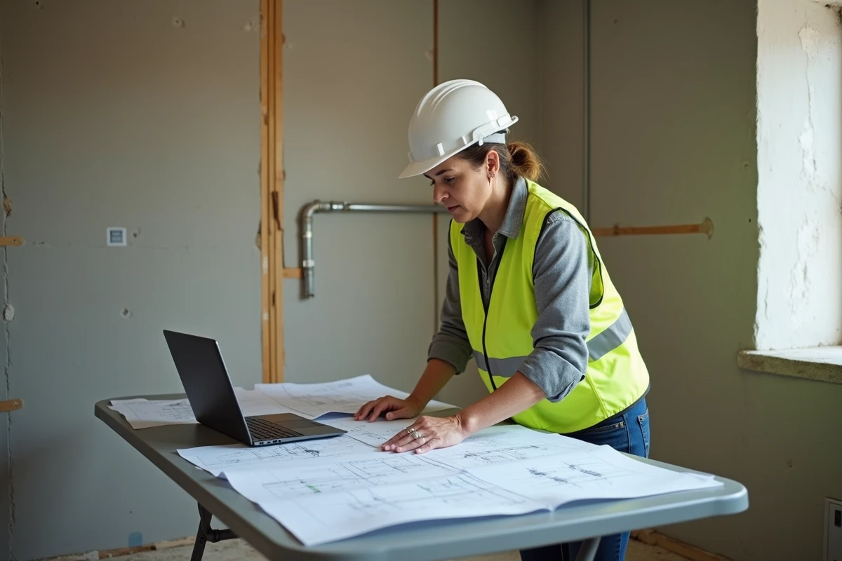 Ingénieure électricienne consultant des plans de conformité aux normes électriques en vigueur dans un chantier de rénovation