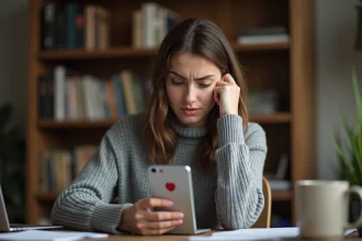 Femme frustrée regardant une notification de stockage plein sur son smartphone à son bureau à domicile