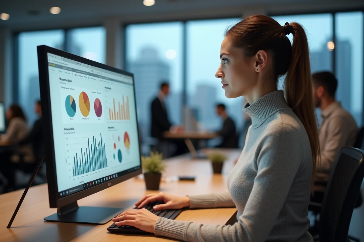 Femme analyste web optimisant un site internet grâce à des tableaux de bord de performance sur un grand écran dans un bureau moderne