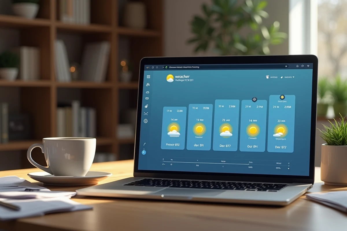 Ordinateur portable affichant un site de prévisions météo AccuWeather sur un bureau à domicile