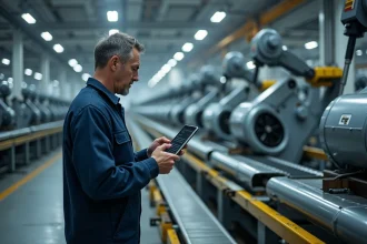 Technicien industriel face à une panne d'une chaîne de production automatisée dans une usine