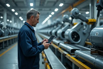 Technicien industriel face à une panne d'une chaîne de production automatisée dans une usine