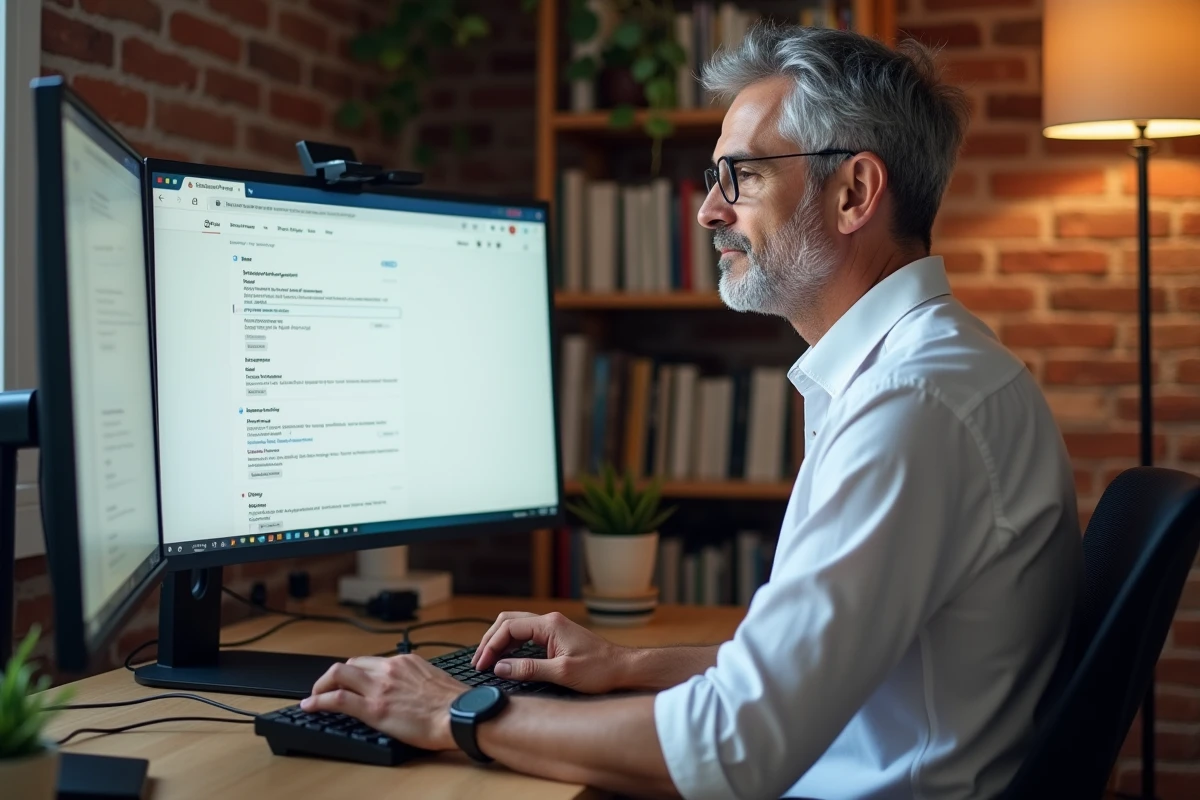 Homme configurant les paramètres de sécurité et de chiffrement TLS dans Gmail sur un grand écran dans un bureau à domicile minimaliste