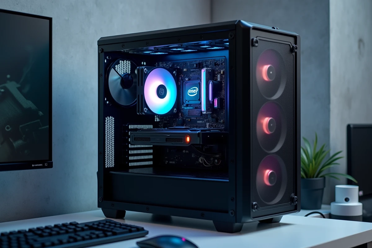 PC de bureau haut de gamme avec processeur Intel 14e génération installé sur une carte mère ATX dans un environnement minimaliste