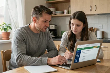 Père et fille adolescente consultant ensemble un portail scolaire sur un ordinateur portable dans une cuisine d'appartement