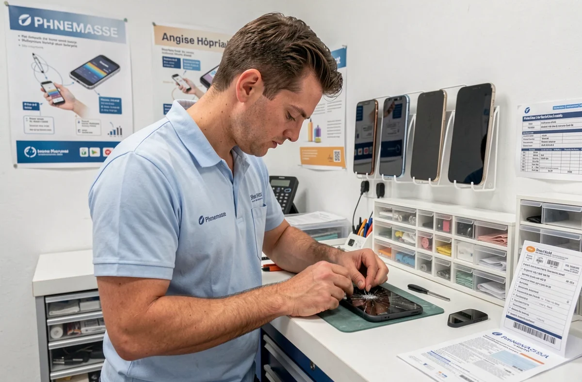 Technicien Phone Hôpital Annemasse réparant l'écran fissuré d'un smartphone dans l'atelier