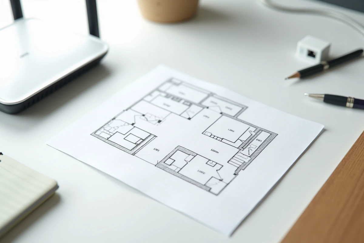 Vue aérienne d'un bureau avec routeur WiFi, câble réseau, nœud mesh et plan de maison annoté pour optimiser la couverture réseau