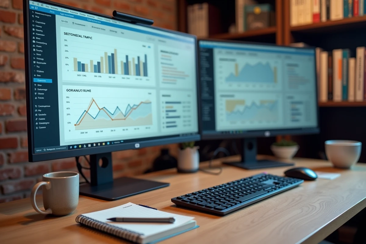 Un poste de travail SEO avec des écrans affichant des tableaux de bord d'analyse de trafic organique et de positionnement de mots-clés
