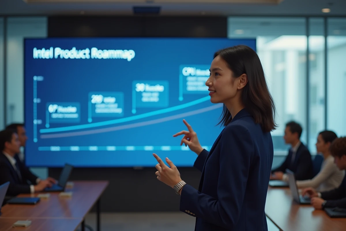 Femme présentant une feuille de route des générations de processeurs Intel lors d'une conférence technologique professionnelle