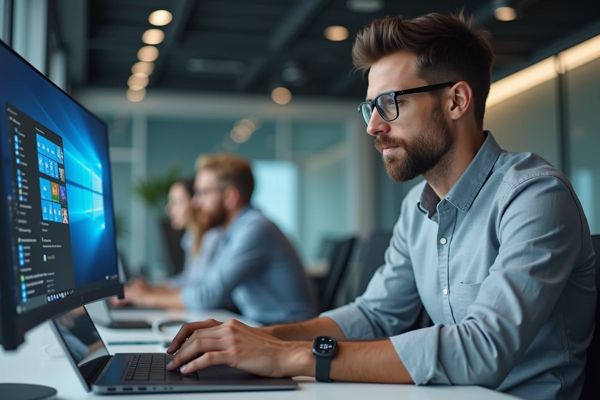 Professionnel IT utilisant un bureau virtuel sur un ordinateur portable dans un open-space moderne