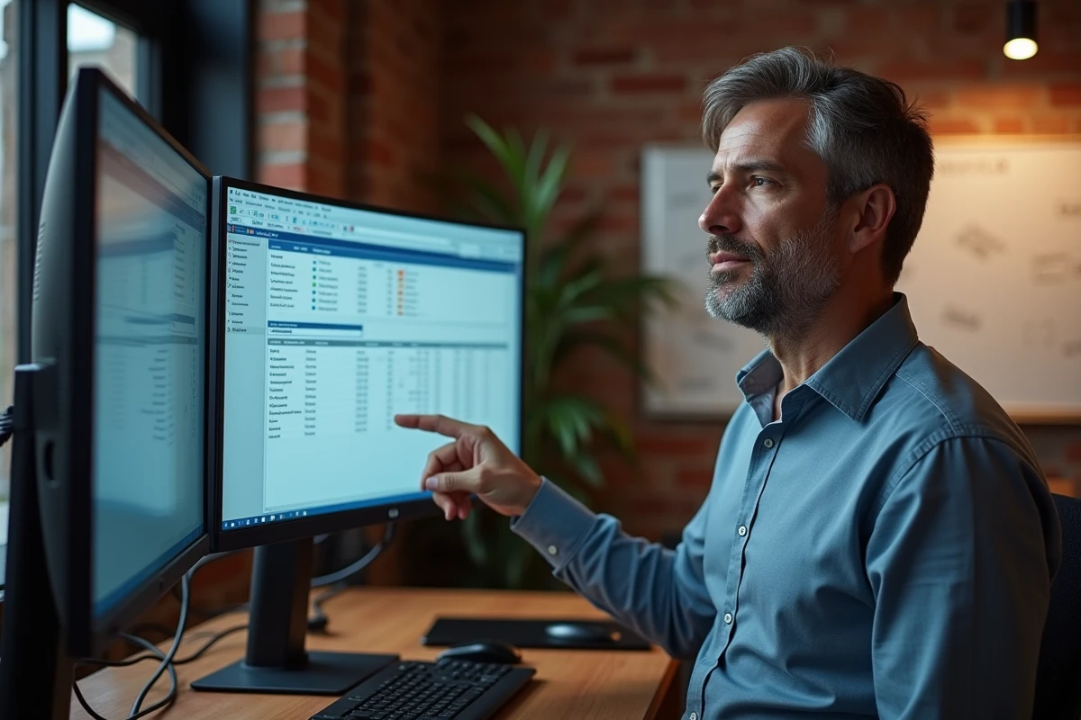 Professionnel IT présentant une base de données relationnelle sur Microsoft Access dans un espace de travail moderne