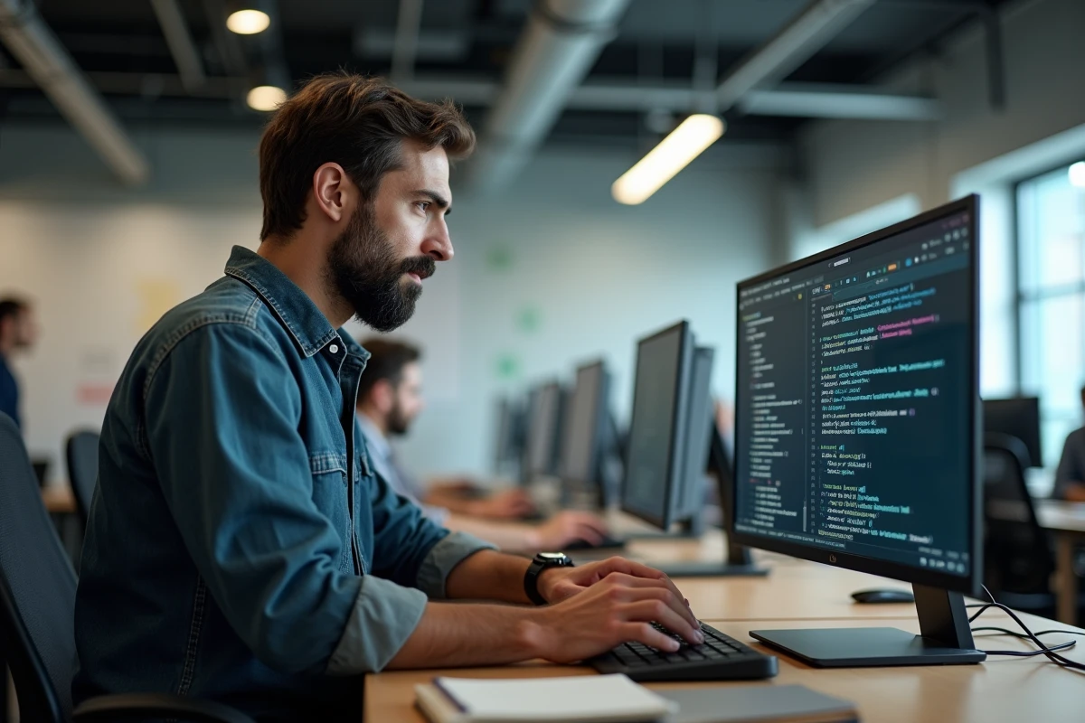 Professionnel IT configurant pip en environnement virtuel sur un poste de travail en open space corporate