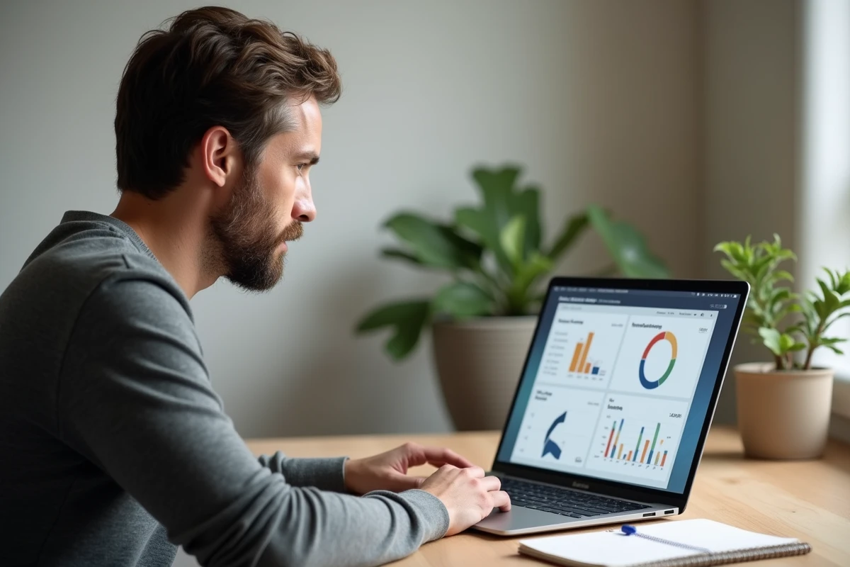 Professionnel UX examinant un tableau de bord de benchmarking avec des heatmaps et des scores comparatifs dans un bureau à domicile