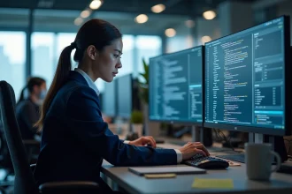 Une professionnelle en sécurité informatique analyse des tableaux de bord de cybersécurité sur des écrans dans un bureau d'entreprise moderne