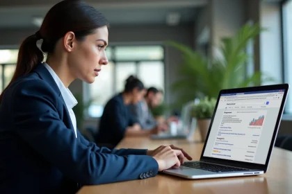 Une professionnelle du marketing digital analysant les résultats de recherche Google pour optimiser le référencement naturel SEO
