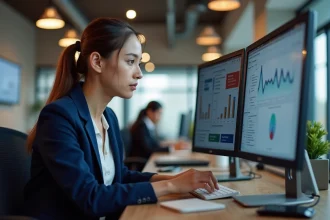 Professionnelle analysant des campagnes publicitaires sur les réseaux sociaux et des métriques SMM sur deux écrans dans un bureau moderne
