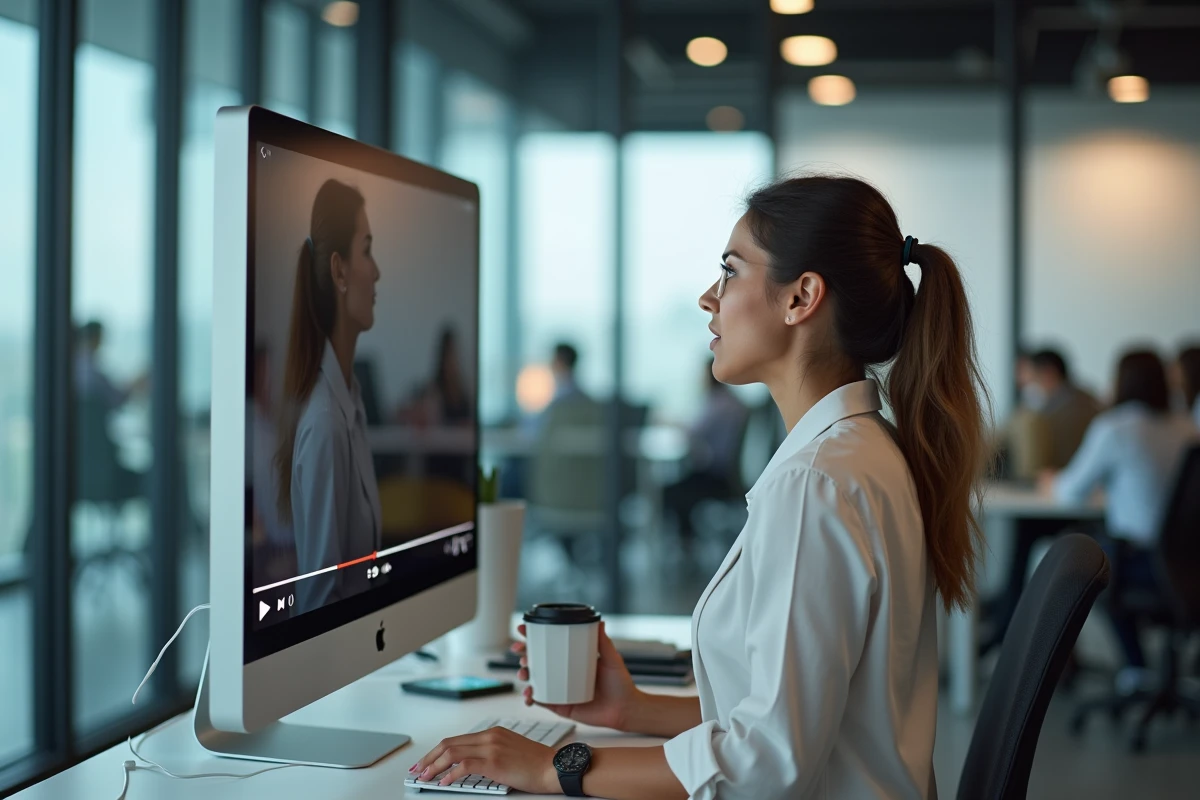 Femme en open space contrariée par une publicité vidéo non désactivable sur son écran de travail, illustrant les nuisances de la pub en ligne