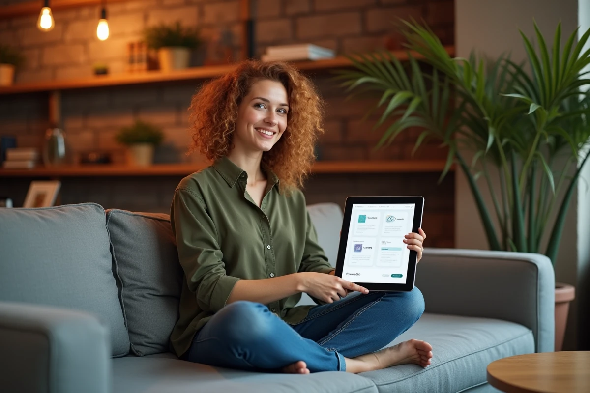 Femme consultant un rapport de test A/B sur tablette montrant le groupe contrôle et la variante dans un espace de co-working