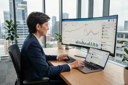 Femme analyste SEO internationale étudiant des données Google sur deux écrans dans un bureau moderne