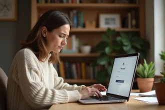 Femme frustrée tentant de récupérer son mot de passe email sur son ordinateur portable à la maison