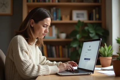 Femme frustrée tentant de récupérer son mot de passe email sur son ordinateur portable à la maison