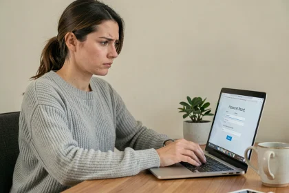 Femme devant un ordinateur portable essayant de récupérer un mot de passe oublié sur un webmail