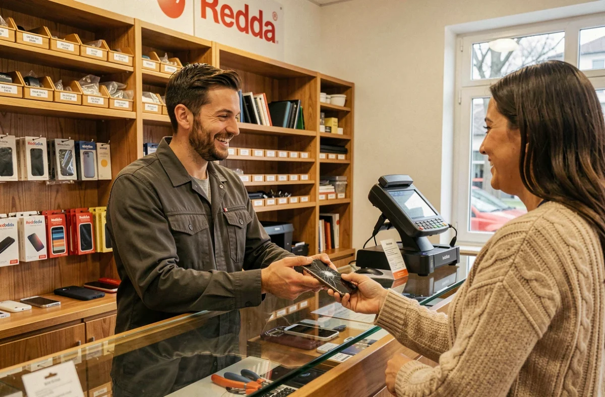 Technicien Redda en Haute-Savoie accueillant un client pour la réparation de son smartphone endommagé