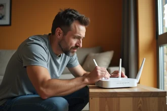 Homme ajustant les antennes d'un routeur WiFi blanc sur une étagère en bois dans un salon moderne