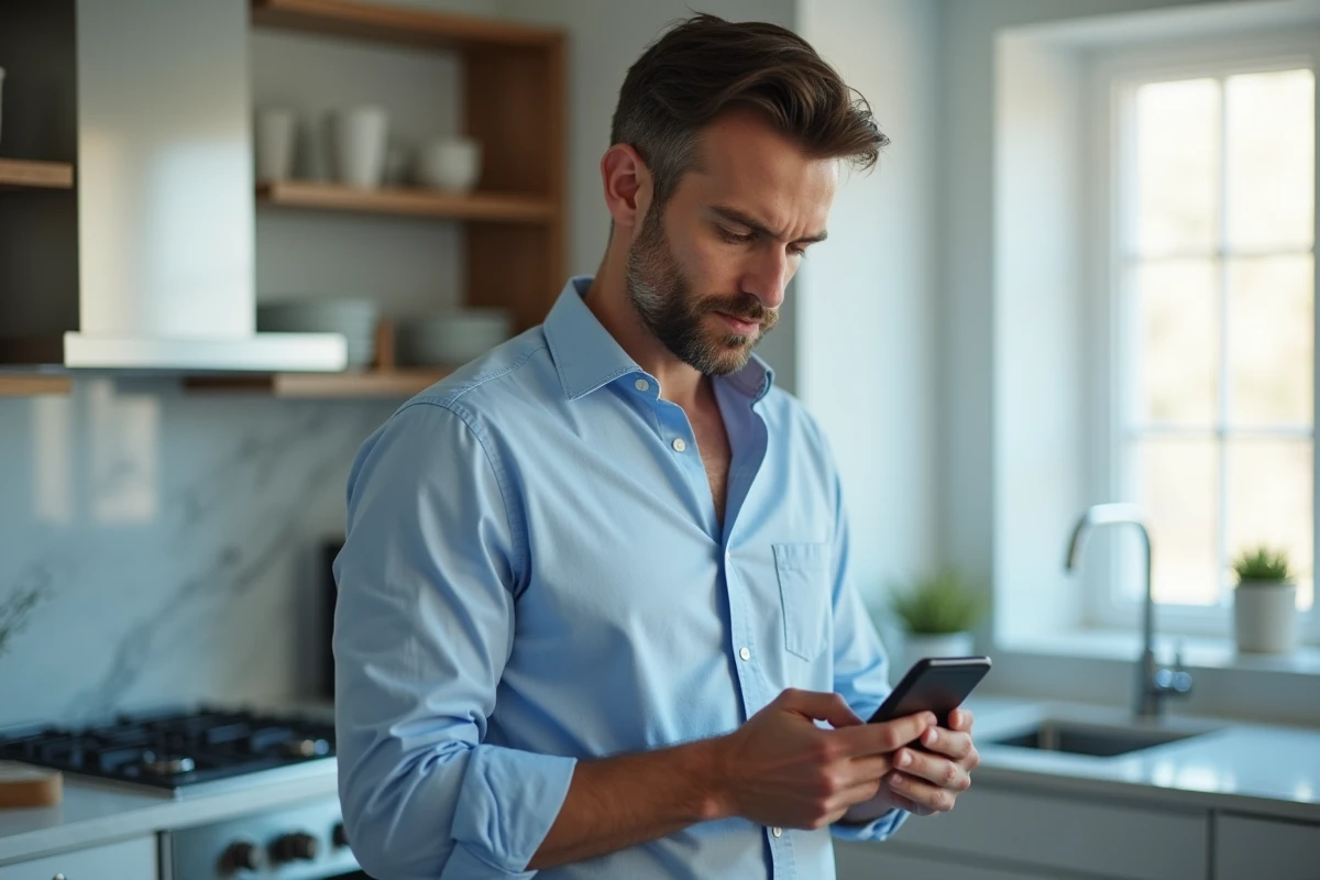 Homme consultant son smartphone pour réinitialiser son mot de passe email dans une cuisine moderne