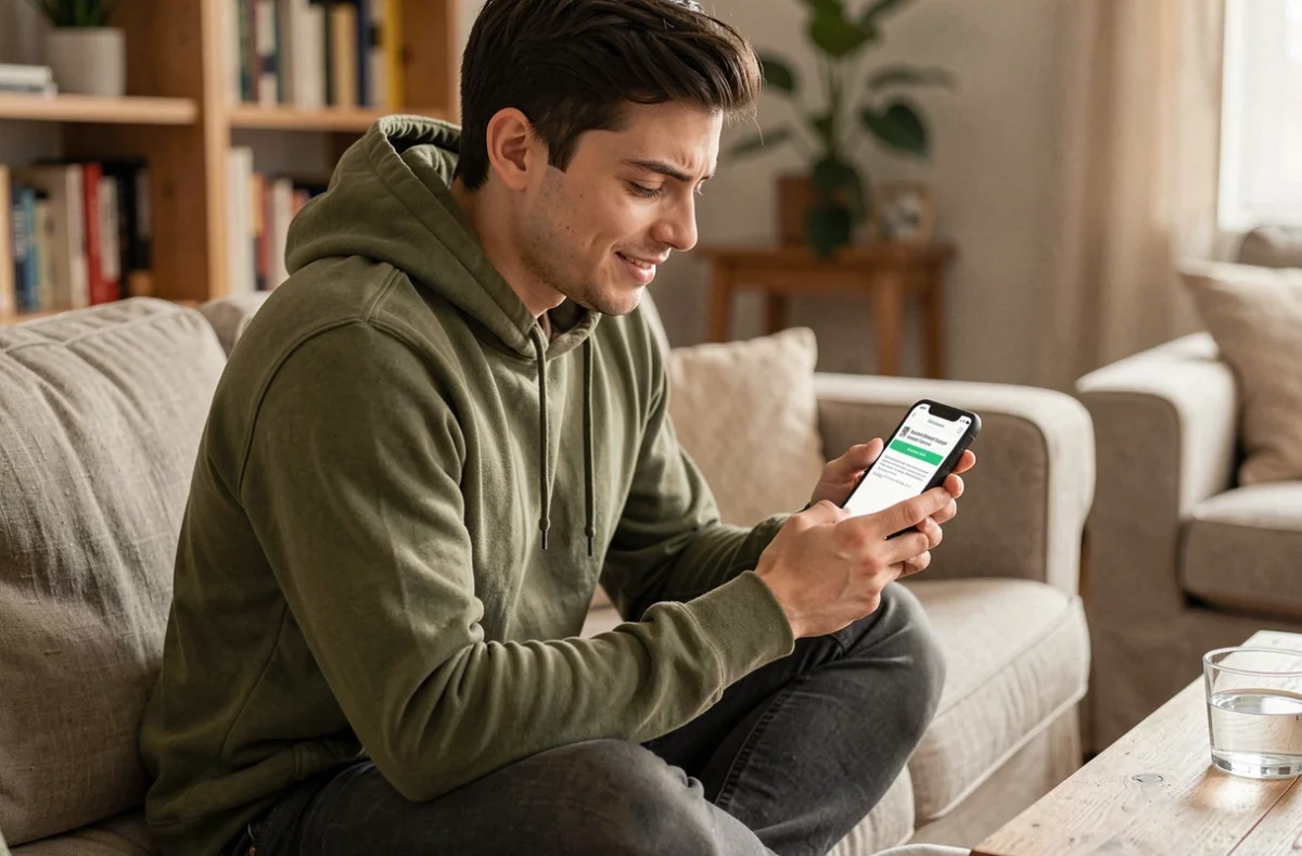 Jeune personne sur un canapé vérifiant un email de réinitialisation de mot de passe webmail sur son smartphone