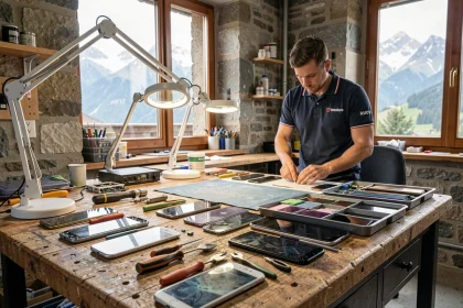 Atelier de réparation de smartphones en Haute-Savoie avec outils de précision et technicien au travail
