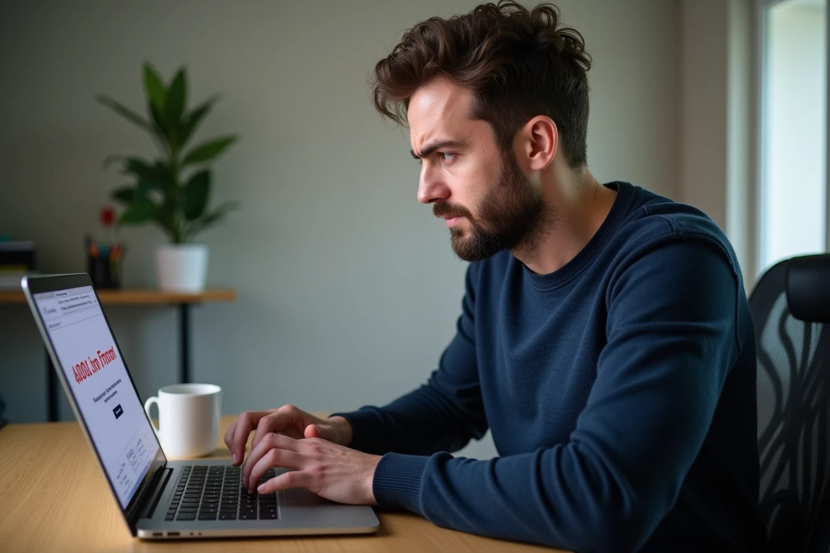 Développeur web frustré face à une erreur 404 sur son écran d'ordinateur portable dans un bureau à domicile