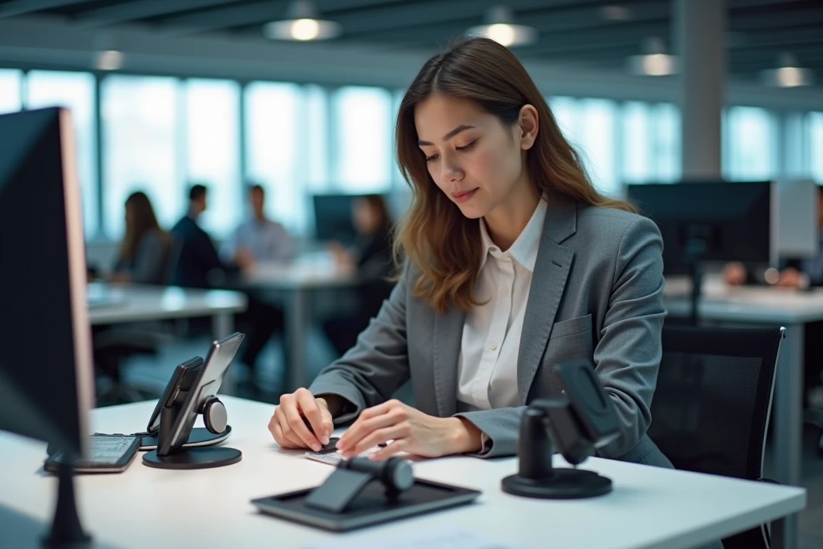 Responsable IT en entreprise organisant des supports RAM Mount et des terminaux mobiles sur un bureau pour le déploiement d'une flotte de véhicules professionnels