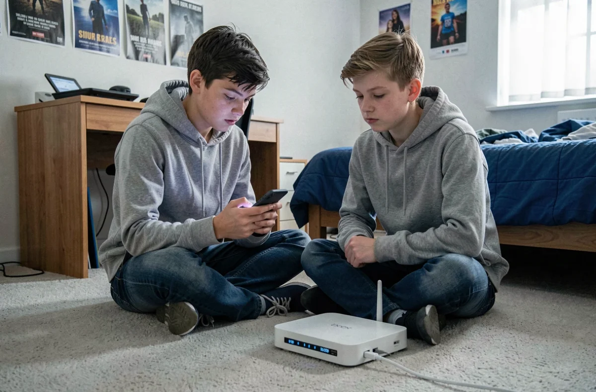 Adolescent entrant le code WiFi de sa Bbox Bouygues sur son smartphone dans une chambre