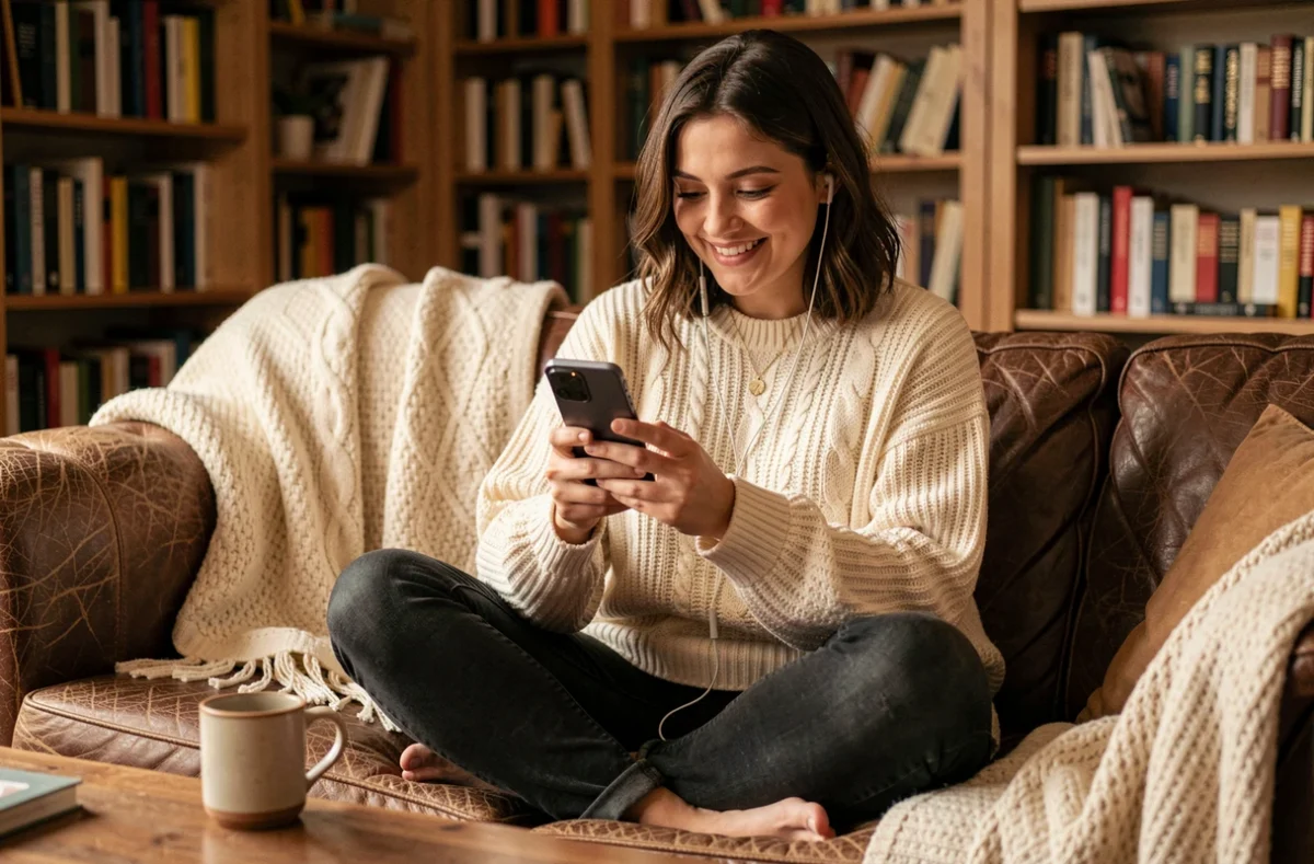 Femme utilisant le Samsung Galaxy S25 pour les loisirs à domicile, streaming vidéo sur canapé