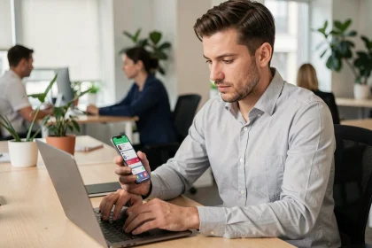 Homme utilisant le Samsung Galaxy S25 dans un bureau moderne pour le travail, test en situation réelle